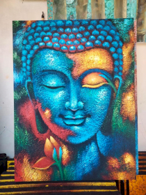 Peinture de Bouddha - Fleur Bleue et Dorée