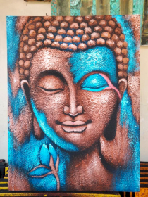 Peinture Bouddha - Bronze et Fleur Bleue