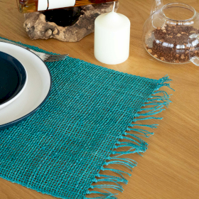 Set de Table Naturel à Franges en Jonc de Mer - Turquoise