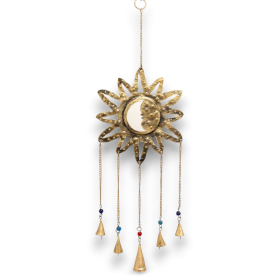 2x Carillons indiens - Soleil et lune miroir petit 5 cloches - 12x65 cm