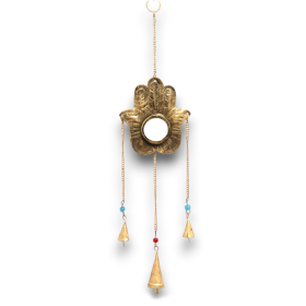 4x Carillons indiens - Hamsa miroir petit 3 cloches - 14x55 cm