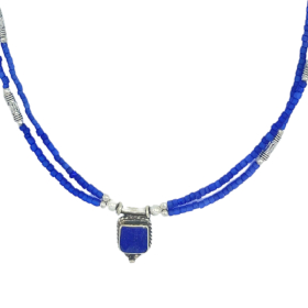 Collier Népalais Extra-Fin Deux Rangées - Pendentif Onyx Bleu & Lapis