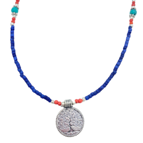 Collier Népalais en Pierre Fine Extra-Fine - Onyx Bleu & Arbre de Vie