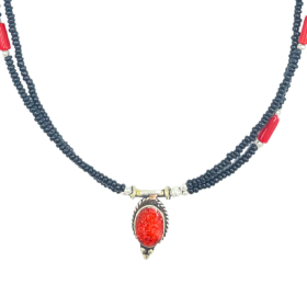 Collier Népalais Extra-Fin Deux Rangées - Pendentif Noir & Corail