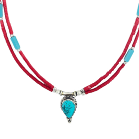 Collier Népalais Extra-Fin Deux Rangées - Pendentif Rose & Turquoise