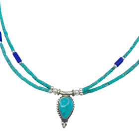 Collier Népalais Extra-Fin Deux Rangées - Pendentif Lapis & Malachite