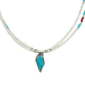 Collier Népalais Extra-Fin Deux Rangées - Pendentif Perle & Turquoise