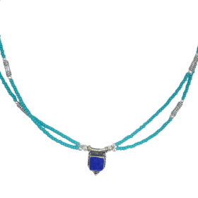 Collier Népalais Extra-Fin Deux Rangées - Pendentif Turquoise & Lapis