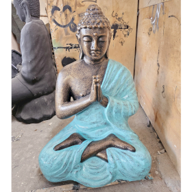 Statue Moyenne-Grande de Bouddha Priant en Turquoise et Or - 1,2m de haut