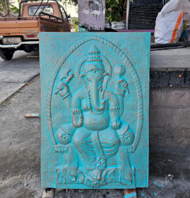 Grand Ganpati avec Cadre en ciment fibré en Relief Turquoise - 0,7x1m