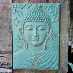 Grand Bouddha avec Cadre en ciment fibré en Relief Turquoise - 0,7x1m